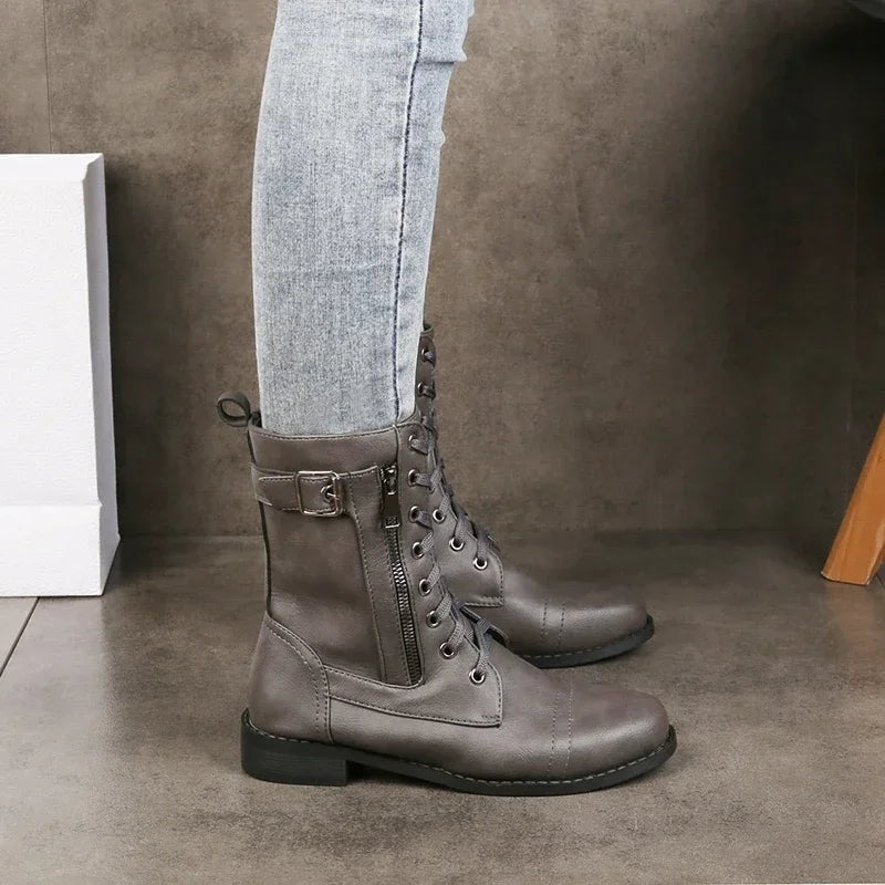 Genoveva | Women's Faux Leather Side Zip Lace Up Combat Boots