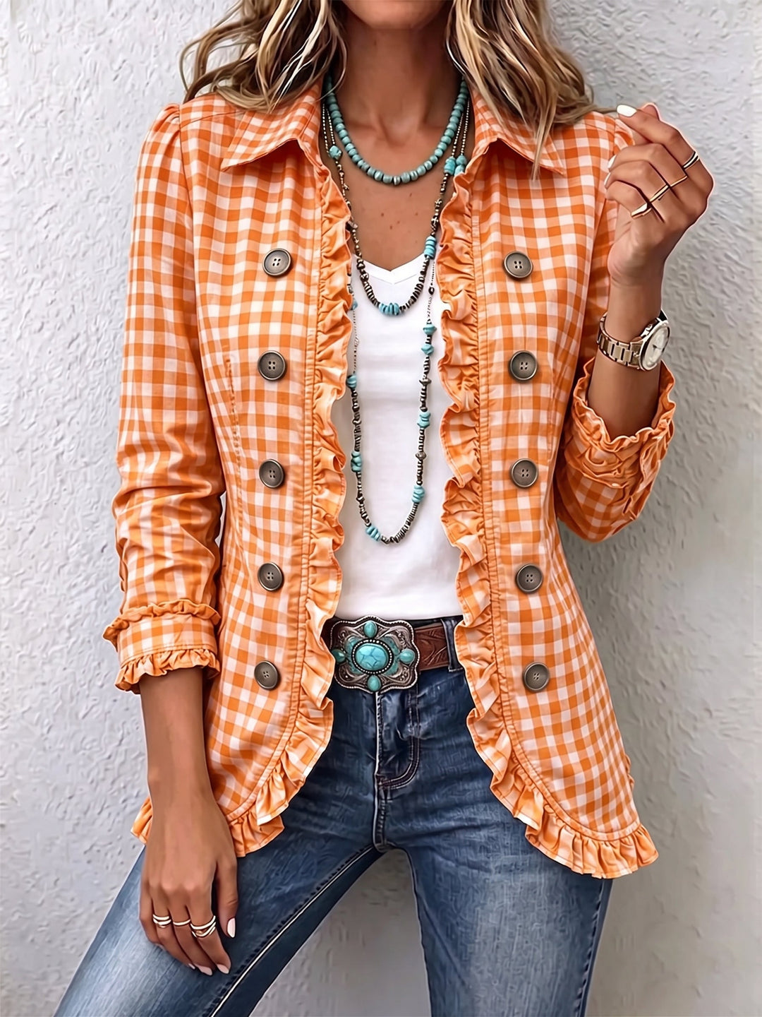 Bryony | Women’s Gingham Ruffled Button-Down Jacket