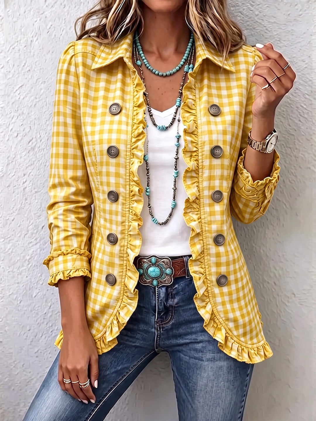 Bryony | Women’s Gingham Ruffled Button-Down Jacket