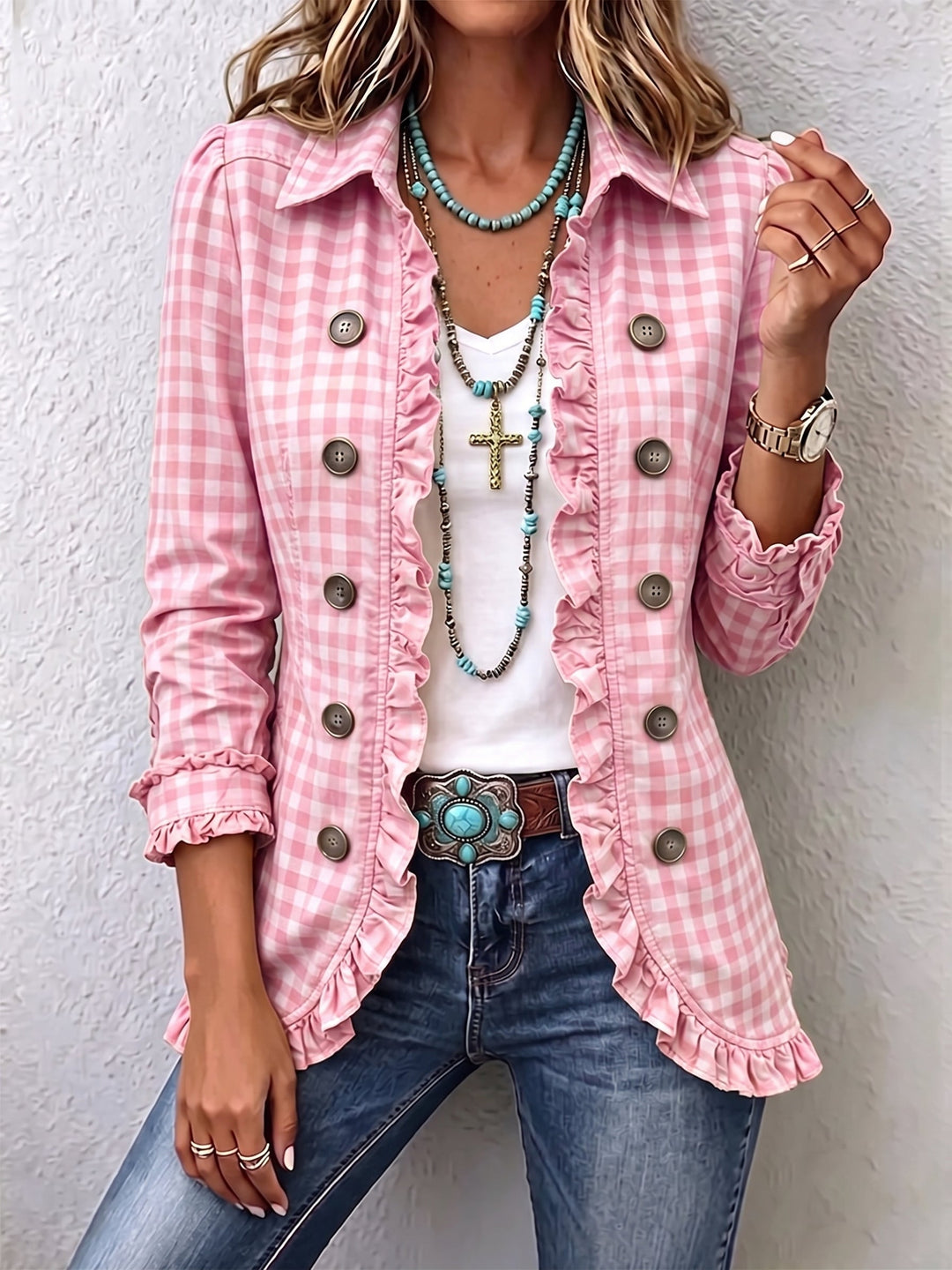Bryony | Women’s Gingham Ruffled Button-Down Jacket