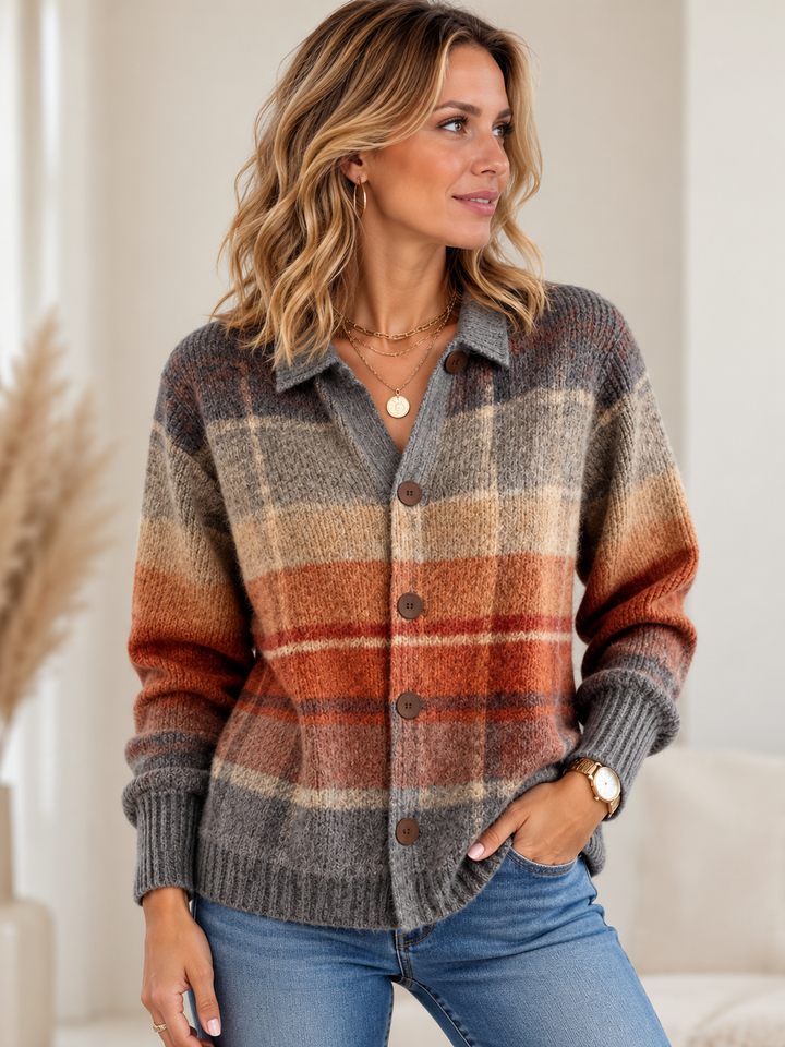 Orla | Women's Plaid Knit Collared Button Down Cardigan