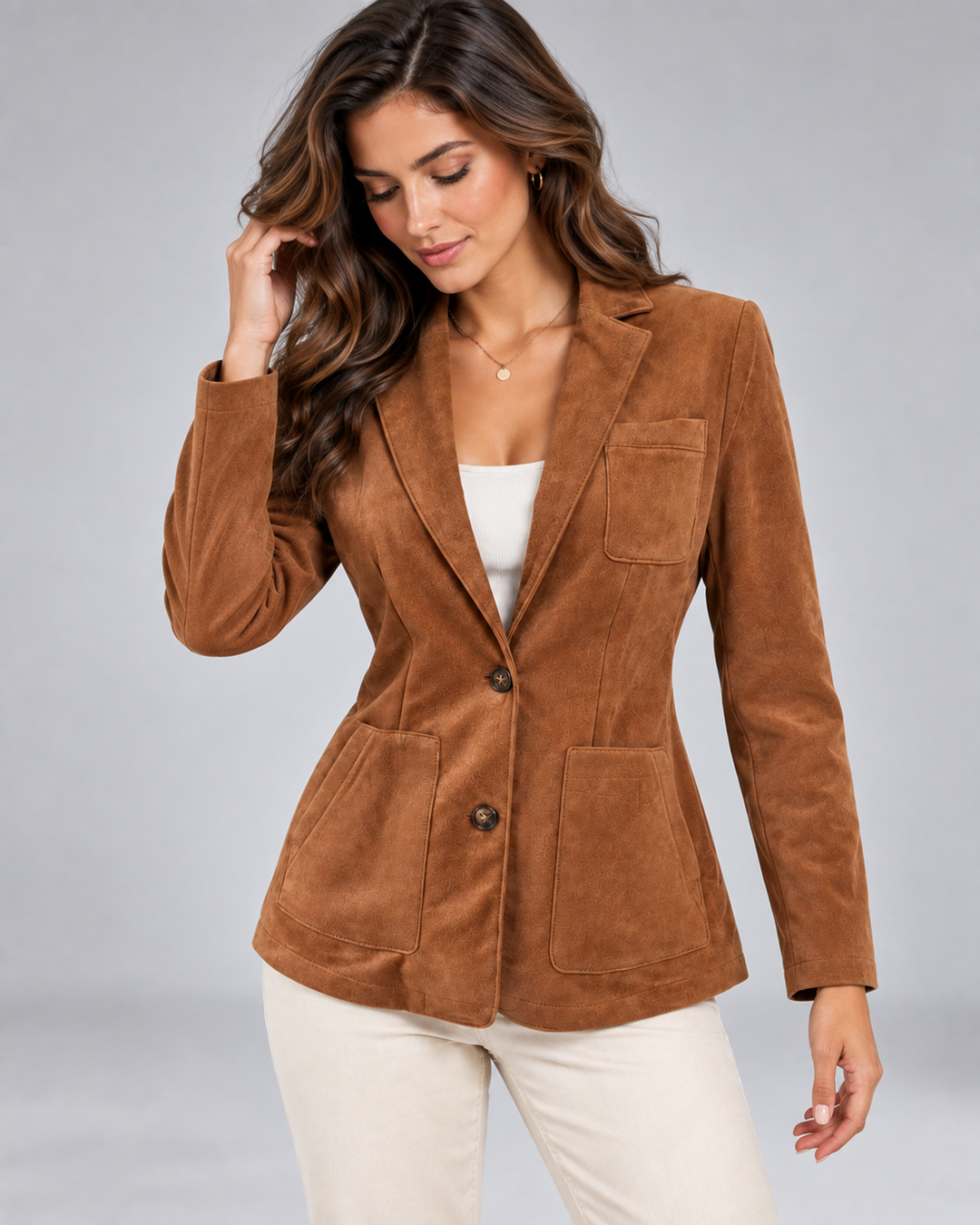 Rachel | Women's Suede Single Breasted Blazer Jacket with Patch Pockets