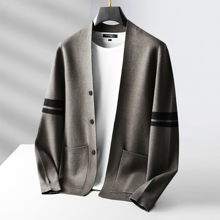 Elias | Men's Relaxed Fit V-Neck Cardigan with Striped Sleeve Detail