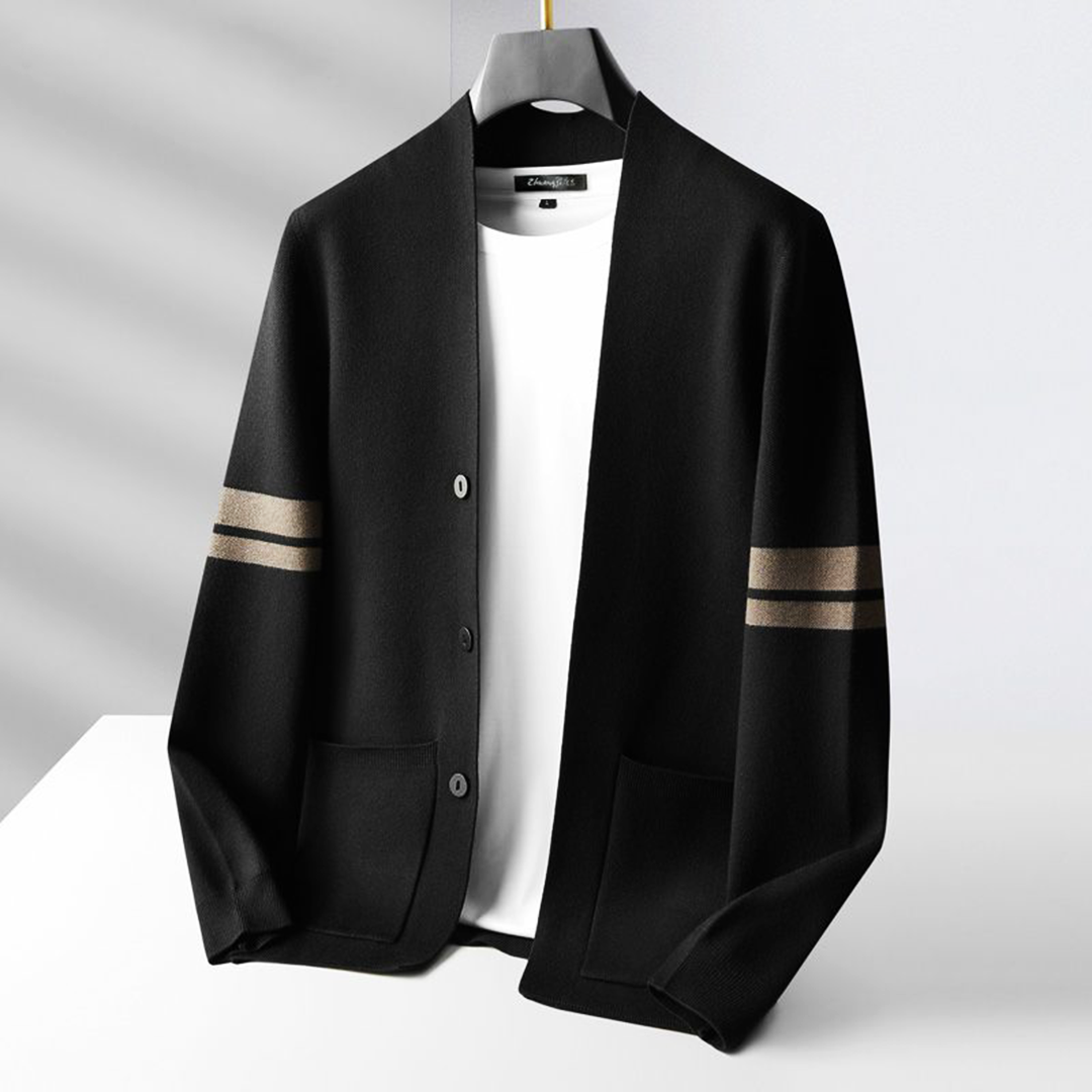 Elias | Men's Relaxed Fit V-Neck Cardigan with Striped Sleeve Detail