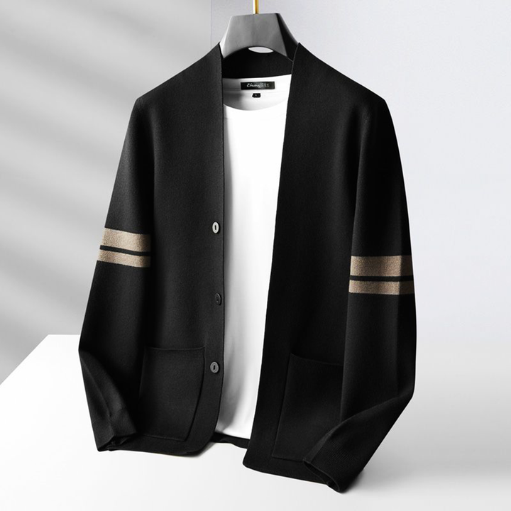 Elias | Men's Relaxed Fit V-Neck Cardigan with Striped Sleeve Detail