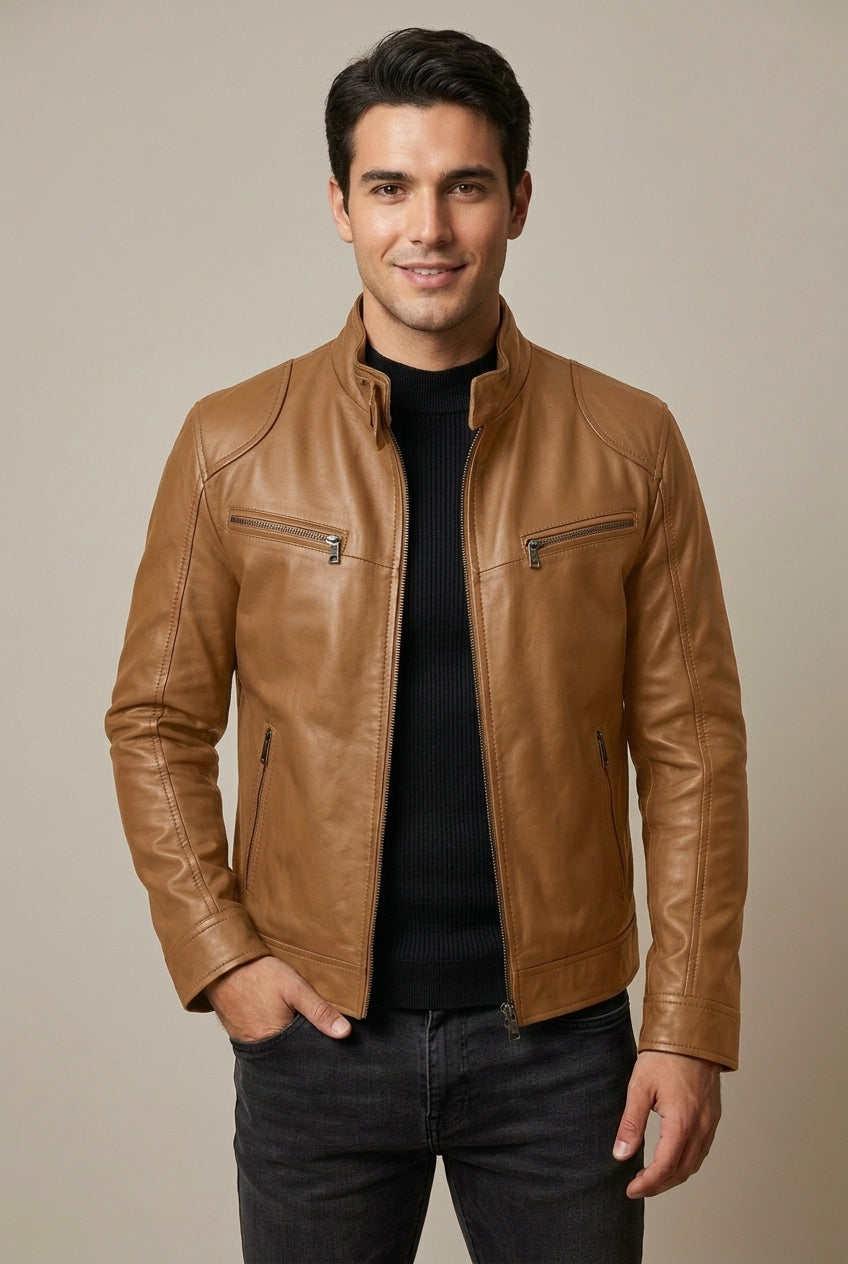 Marcus | Men's Slim Fit Moto Biker Jacket with Stand Collar