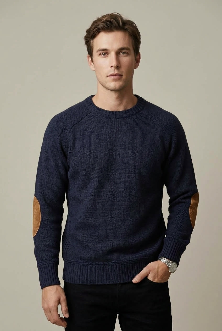 Nathaniel | Men's Wool Blend Crew Neck Sweater with Elbow Patches
