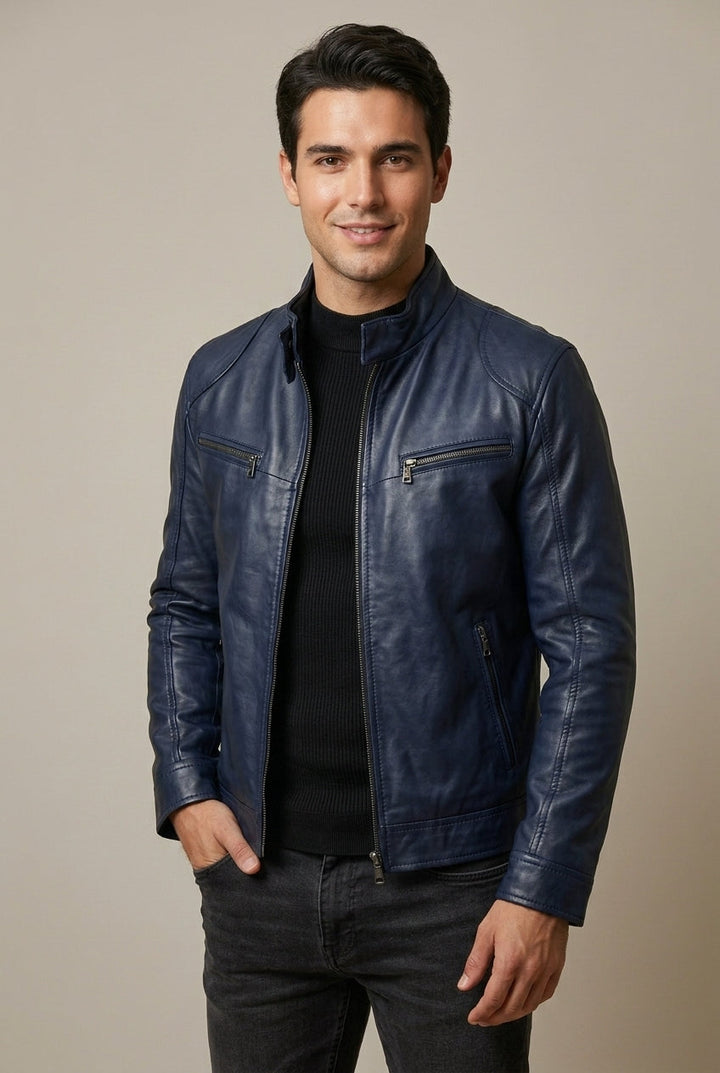 Marcus | Men's Slim Fit Moto Biker Jacket with Stand Collar
