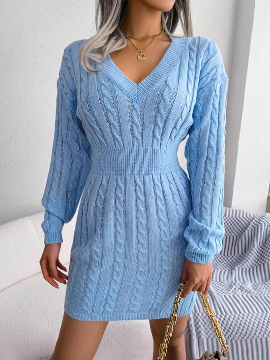 Ramona | Women’s V Neck Cable Knit Sweater Dress