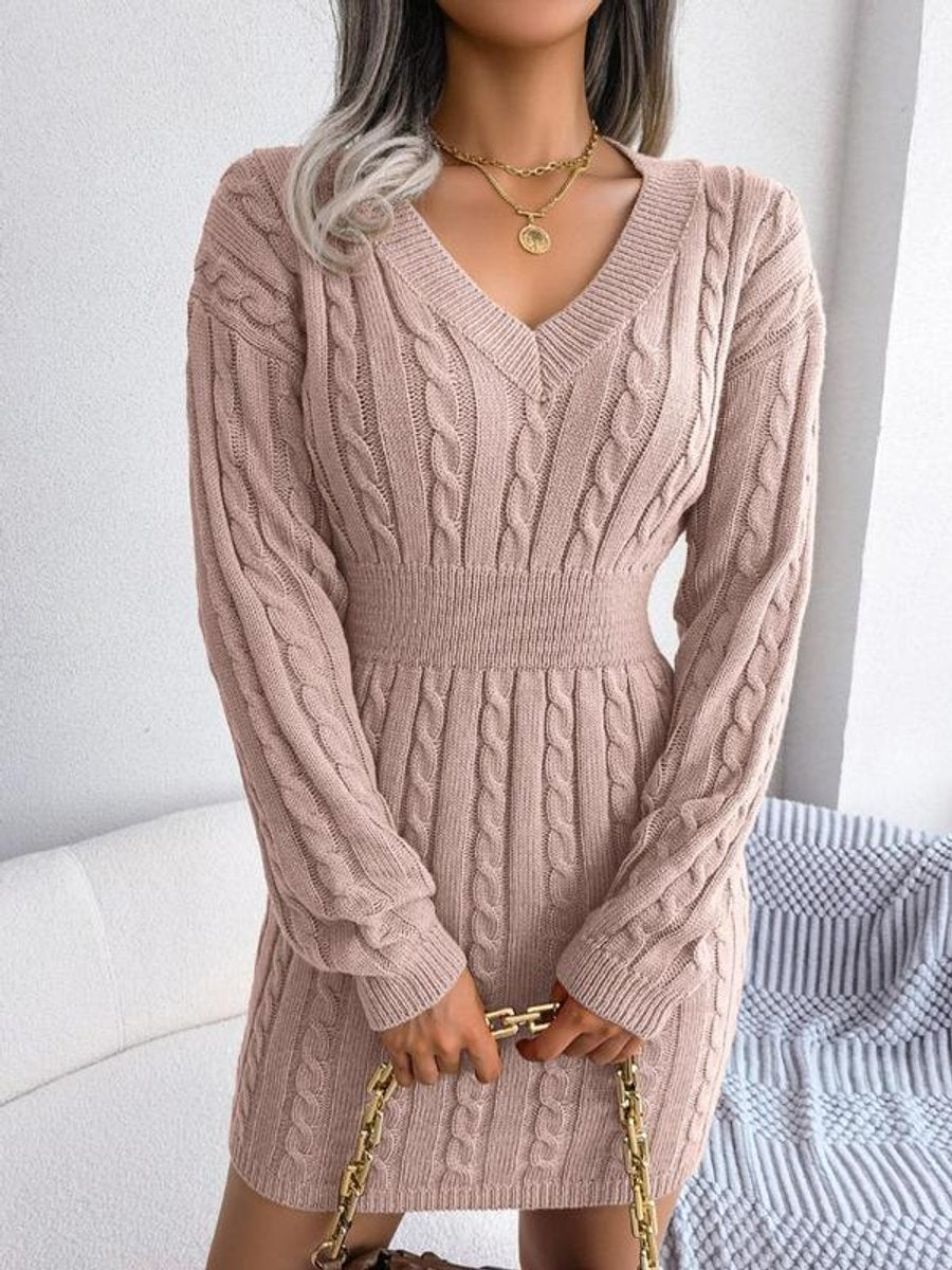 Ramona | Women’s V Neck Cable Knit Sweater Dress