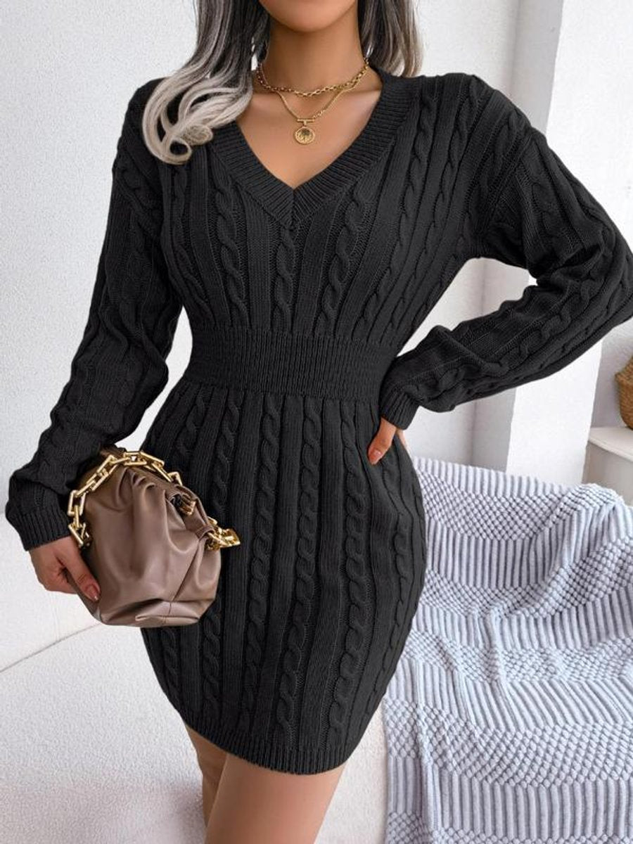 Ramona | Women’s V Neck Cable Knit Sweater Dress