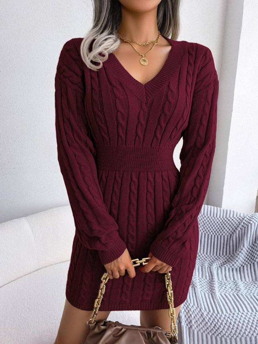 Ramona | Women’s V Neck Cable Knit Sweater Dress