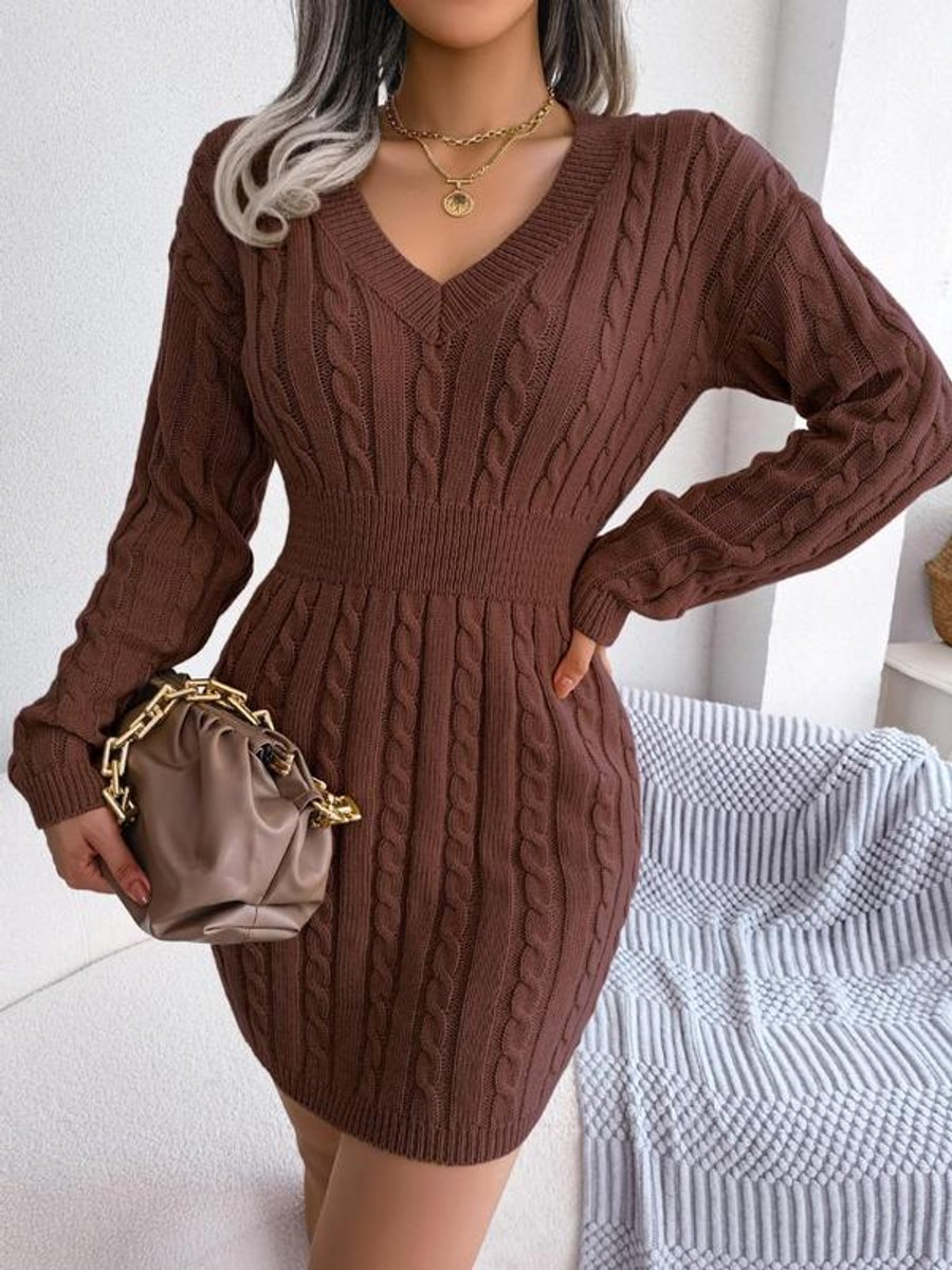 Ramona | Women’s V Neck Cable Knit Sweater Dress