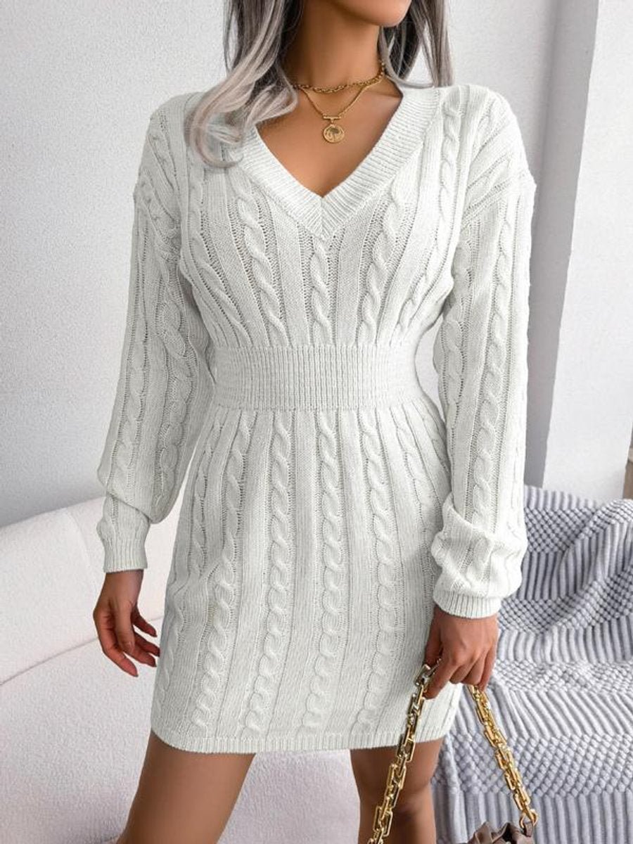 Ramona | Women’s V Neck Cable Knit Sweater Dress
