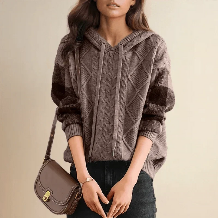 Margot | Women's Hooded Cable Knit Sweater with Color Block Sleeves