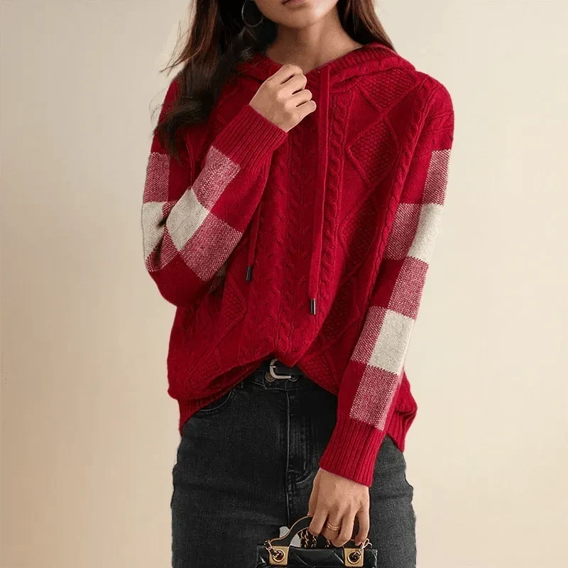 Margot | Women's Hooded Cable Knit Sweater with Color Block Sleeves