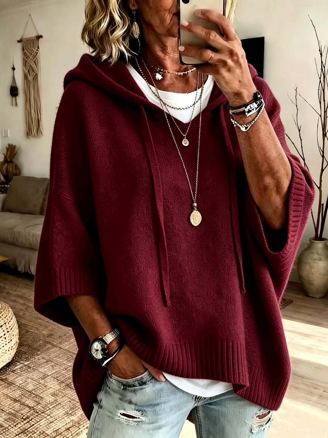 Imogen | Women's Oversized Poncho Hoodie Sweater with Batwing Sleeves