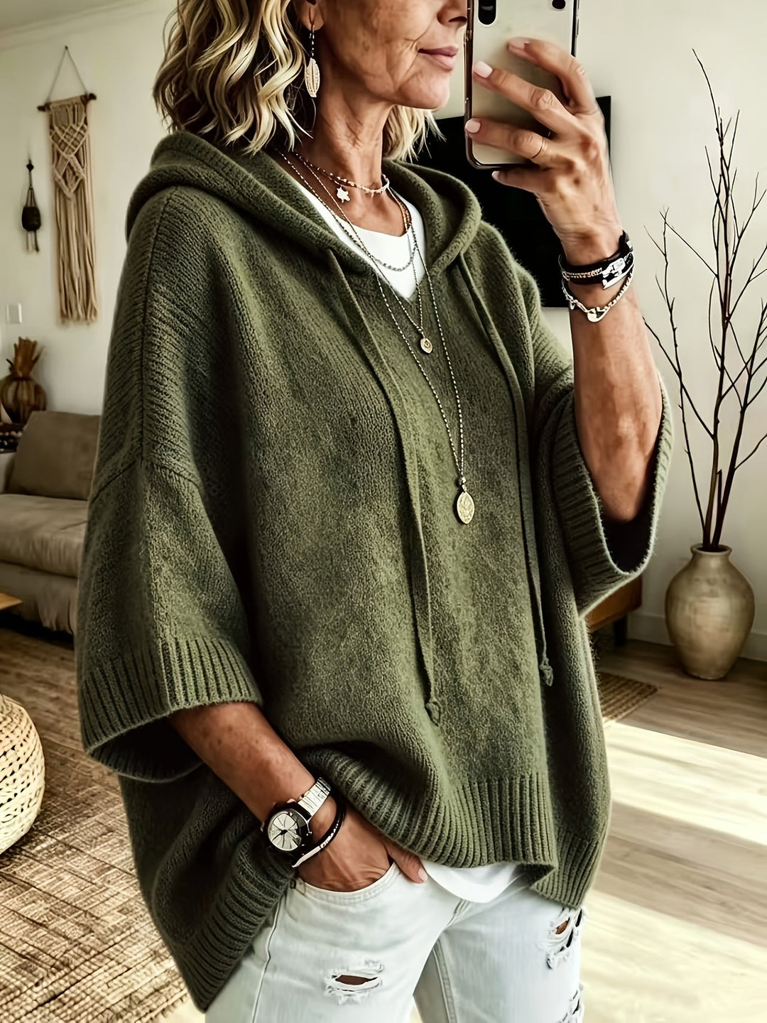 Imogen | Women's Oversized Poncho Hoodie Sweater with Batwing Sleeves