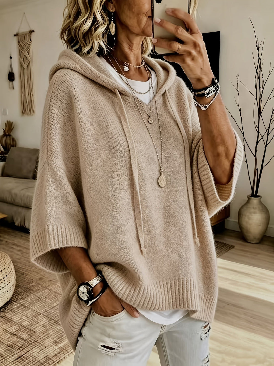 Imogen | Women's Oversized Poncho Hoodie Sweater with Batwing Sleeves
