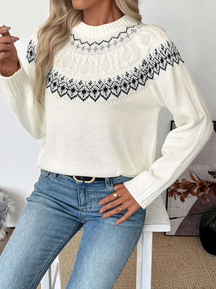 Ines | Women's Fair Isle Crew Neck Sweater with Cable Knit Yoke