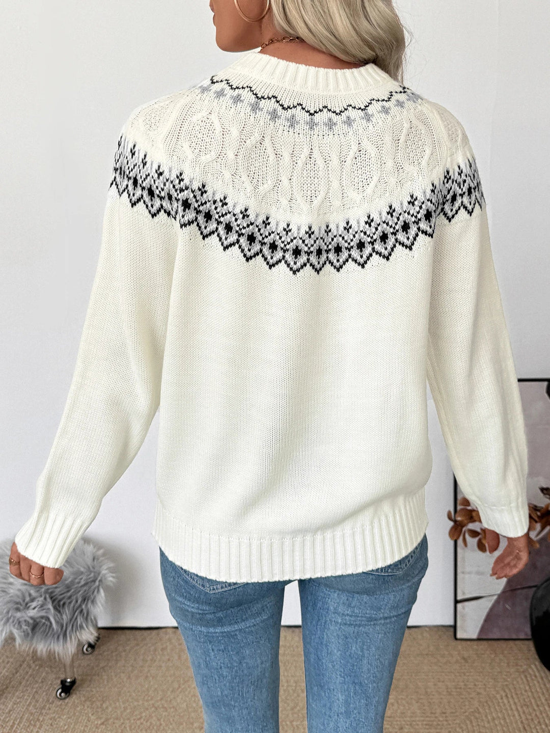 Ines | Women's Fair Isle Crew Neck Sweater with Cable Knit Yoke