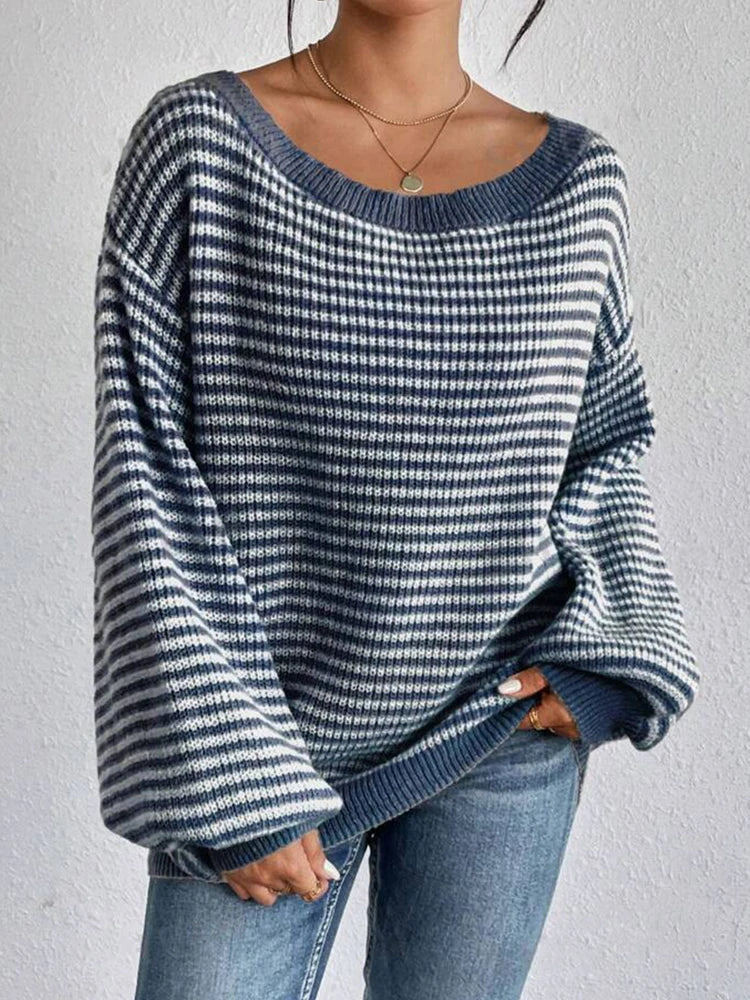 Thea | Women's Oversized Striped Off-Shoulder Knit Sweater