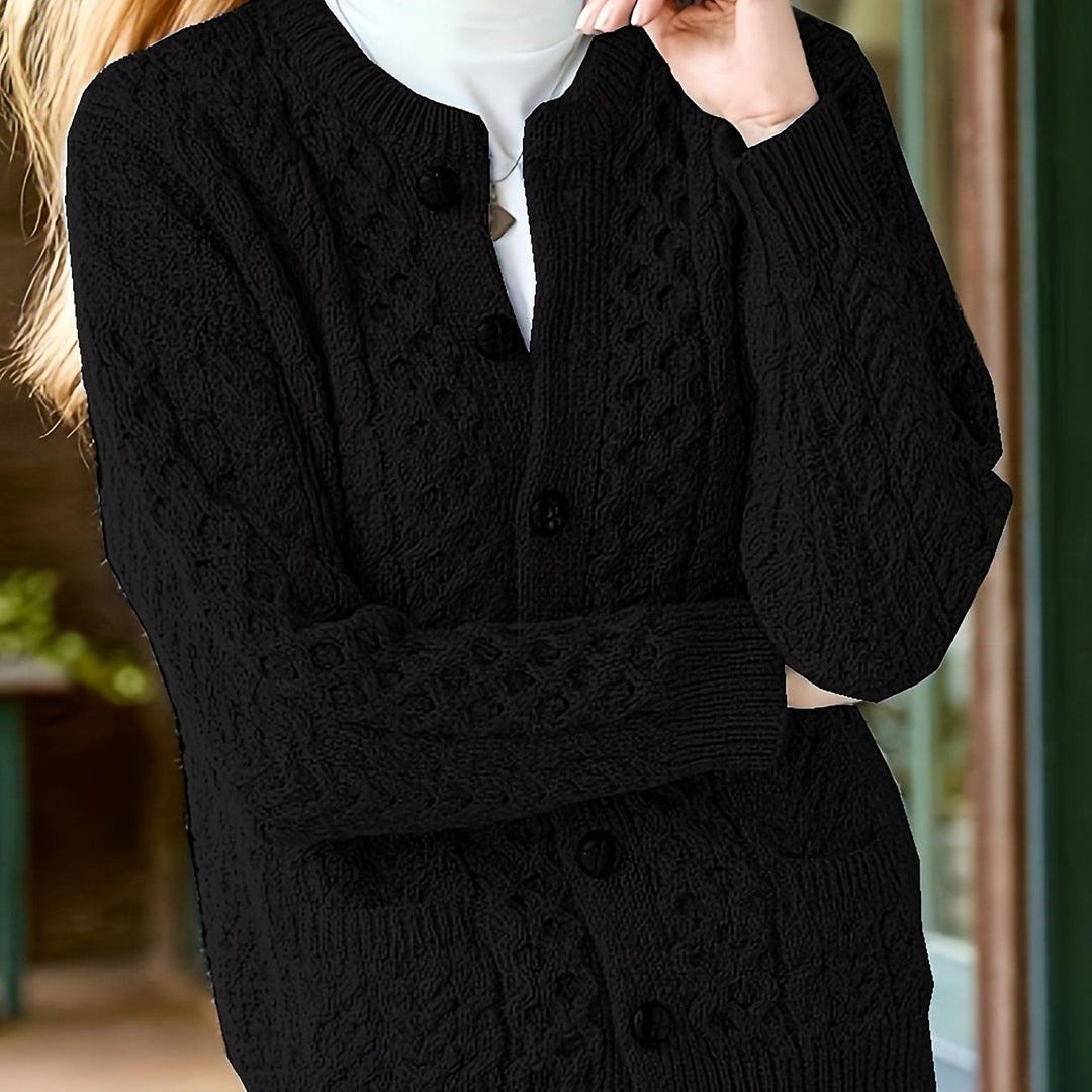 Ysabeau | Women's Chunky Cable Knit Crew Neck Cardigan with Pockets