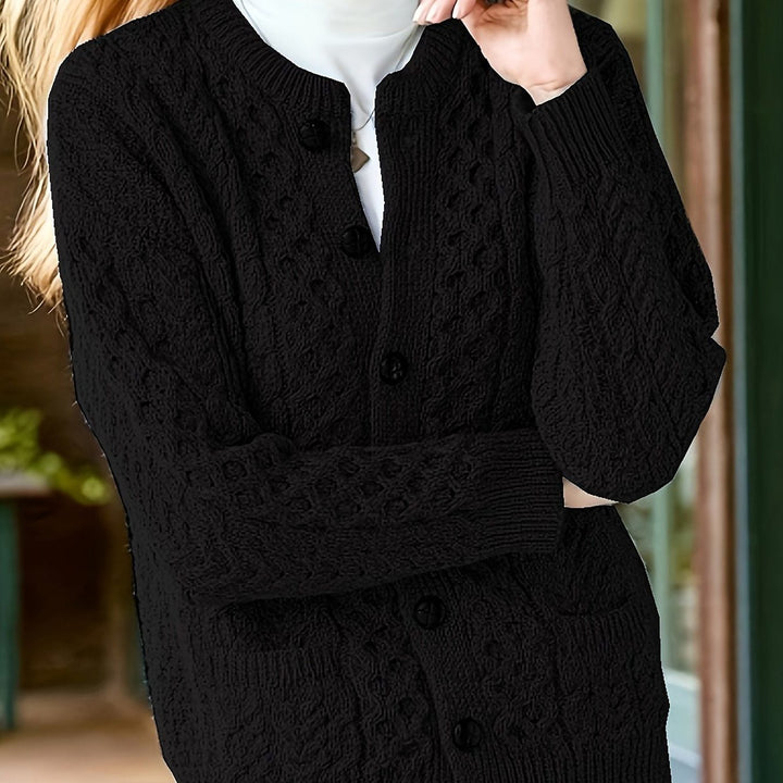 Ysabeau | Women's Chunky Cable Knit Crew Neck Cardigan with Pockets