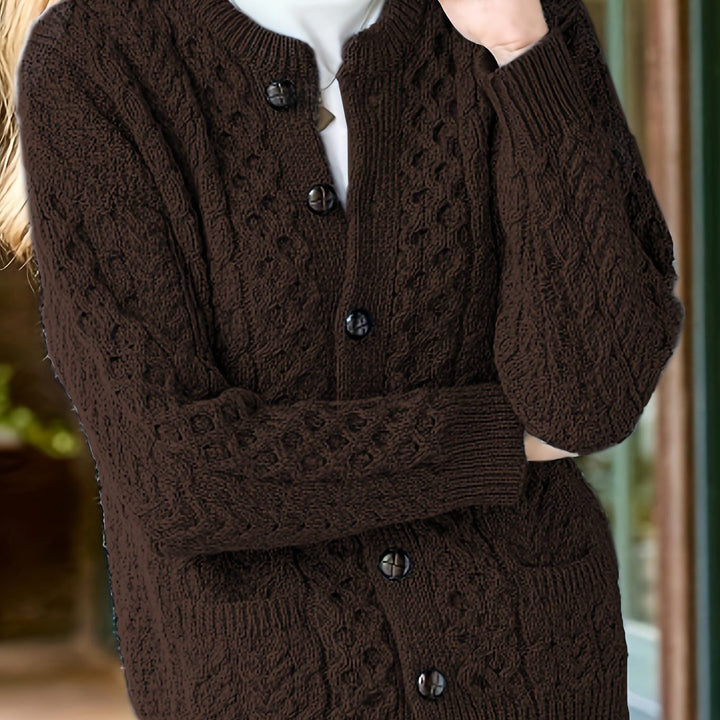Ysabeau | Women's Chunky Cable Knit Crew Neck Cardigan with Pockets