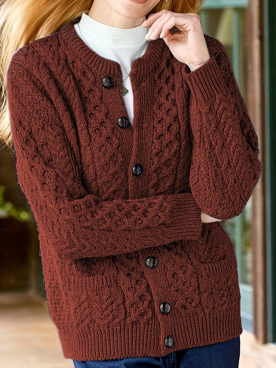 Ysabeau | Women's Chunky Cable Knit Crew Neck Cardigan with Pockets