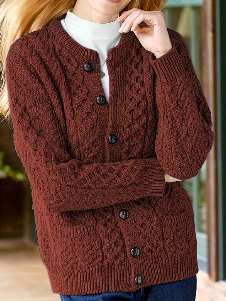 Ysabeau | Women's Chunky Cable Knit Crew Neck Cardigan with Pockets