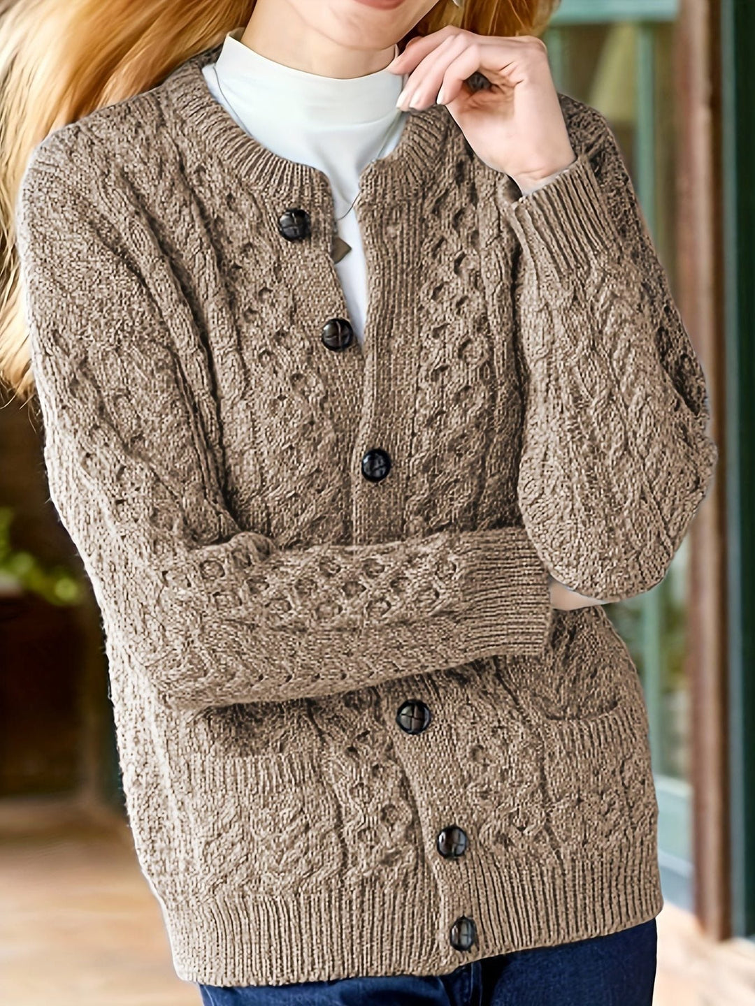 Ysabeau | Women's Chunky Cable Knit Crew Neck Cardigan with Pockets